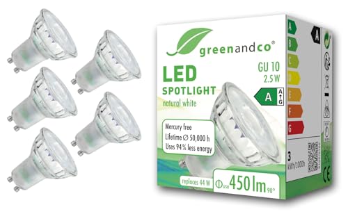 greenandco 5x GU10 | ersetzt 44W | neutralweiß 4000K | 2.5W 450lm | 36° | flimmerfrei | Energieeffizienzklasse A | 230V LED Spot | nicht dimmbar von greenandco