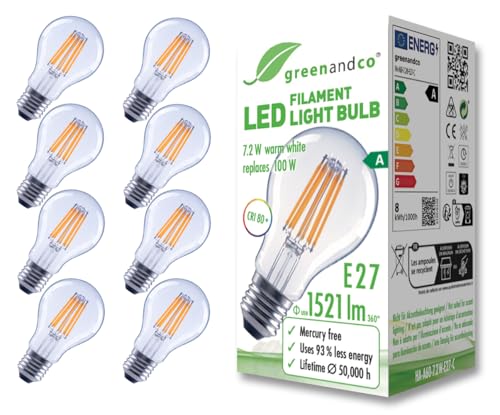 greenandco 8x Glühfaden LED Lampe | klar | E27 A60 | 7,2W 1521lm | ersetzt 100W | 3000K warmweiß | 320° | 230V | flimmerfrei | Energieeffizienzklasse A | nicht dimmbar von greenandco