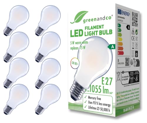 greenandco 8x Glühfaden LED Lampe | matt | E27 A60 | 5W 1055lm | ersetzt 75W | 2700K warmweiß | 320° | 230V | flimmerfrei | Energieeffizienzklasse A | nicht dimmbar greenandco 8x Glühfaden LED Lampe | matt | E27 A60 | 5W 1055lm | ersetzt 75W | 2700K warmweiß | 320° | 230V | flimmerfrei | Energieeffizienzklasse A | nicht dimmbar von greenandco