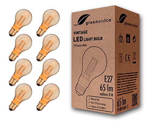 greenandco 8x Vintage Design LED Birne zur Stimmungsbeleuchtung | E27 A60 | gold | 2W 65lm | 1800K extra warmweiß | 320° | 230V | flimmerfrei | nicht dimmbar | Edison Glühbirne greenandco 8x Vintage Design LED Birne zur Stimmungsbeleuchtung | E27 A60 | gold | 2W 65lm | 1800K extra warmweiß | 320° | 230V | flimmerfrei | nicht dimmbar | Edison Glühbirne von greenandco