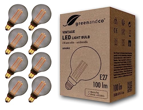 greenandco 8x Vintage Design LED Lampe zur Stimmungsbeleuchtung E27 G95 Edison Glühbirne 4W 100lm 1800K smoke extra warmweiß 320° 230V flimmerfrei, nicht dimmbar, 2 Jahre Garantie von greenandco