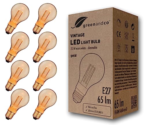 greenandco 8x dimmbare Vintage Design LED Lampe E27 A60 2,3W 65lm 1800K gold extra warmweiß 320° 230V flimmerfrei Edison Glühbirne zur Stimmungsbeleuchtung, 2 Jahre Garantie von greenandco