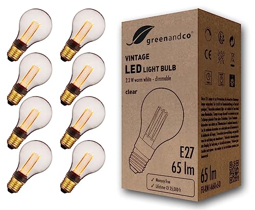 greenandco 8x dimmbare Vintage Design LED Lampe E27 A60 2,3W 65lm 1800K klar extra warmweiß 320° 230V flimmerfrei Edison Glühbirne zur Stimmungsbeleuchtung, 2 Jahre Garantie von greenandco
