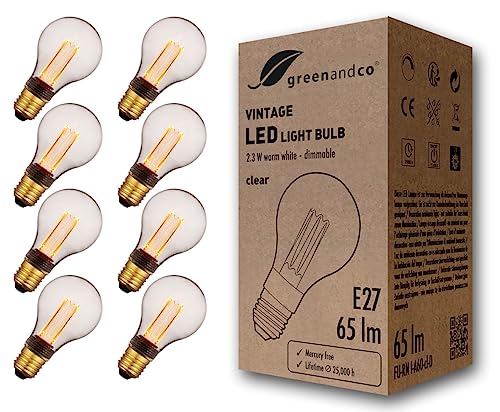 greenandco 8x dimmbare Vintage Design LED Birne zur Stimmungsbeleuchtung | E27 A60 | klar | 2,3W 65lm | 1800K extra warmweiß | 320° | 230V | flimmerfrei | Edison Glühbirne greenandco 8x dimmbare Vintage Design LED Birne zur Stimmungsbeleuchtung | E27 A60 | klar | 2,3W 65lm | 1800K extra warmweiß | 320° | 230V | flimmerfrei | Edison Glühbirne von greenandco