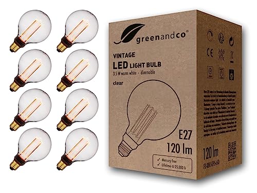 greenandco 8x dimmbare Vintage Design LED Lampe E27 G95 3,5W 120lm 1800K klar extra warmweiß 320° 230V flimmerfrei Edison Glühbirne zur Stimmungsbeleuchtung, 2 Jahre Garantie von greenandco