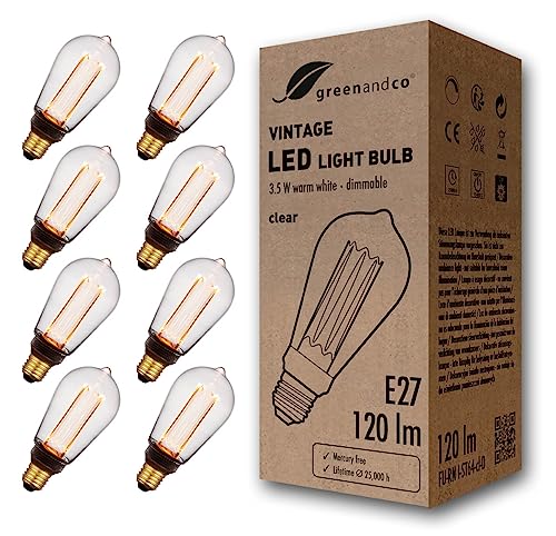 greenandco 8x dimmbare Vintage Design LED Birne zur Stimmungsbeleuchtung | E27 ST64 | klar | 3,5W 120lm | 1800K extra warmweiß | 320° | 230V | flimmerfrei | Edison Glühbirne von greenandco