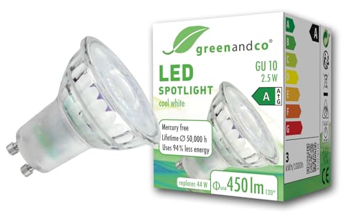 greenandco GU10 LED | ersetzt 44W | kaltweiß 6500K | 2.5W 450lm | 100° | flimmerfrei | Energieeffizienzklasse A | 230V LED Spot | nicht dimmbar greenandco GU10 LED | ersetzt 44W | kaltweiß 6500K | 2.5W 450lm | 100° | flimmerfrei | Energieeffizienzklasse A | 230V LED Spot | nicht dimmbar von greenandco