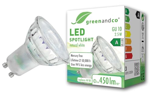 greenandco GU10 | ersetzt 44W | neutralweiß 4000K | 2.5W 450lm | 100° | flimmerfrei | Energieeffizienzklasse A | 230V LED Spot | nicht dimmbar von greenandco