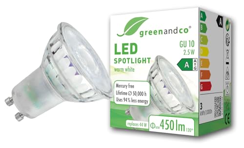 greenandco GU10 LED | ersetzt 44W | warmweiß 3000K | 2.5W 450lm | 100° | flimmerfrei | Energieeffizienzklasse A | 230V LED Spot | nicht dimmbar von greenandco