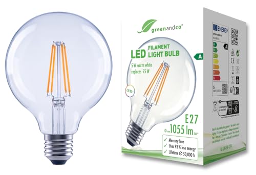 greenandco Glühfaden LED Lampe | klar | E27 G95 | 5W 1055lm | ersetzt 75W | 2700K warmweiß | 320° | 230V | flimmerfrei | Energieeffizienzklasse A | nicht dimmbar greenandco Glühfaden LED Lampe | klar | E27 G95 | 5W 1055lm | ersetzt 75W | 2700K warmweiß | 320° | 230V | flimmerfrei | Energieeffizienzklasse A | nicht dimmbar von greenandco