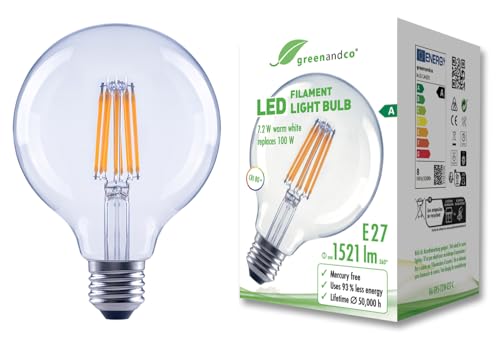 greenandco Glühfaden LED Lampe | klar | E27 G95 | 7,2W 1521lm | ersetzt 100W | 3000K warmweiß | 320° | 230V | flimmerfrei | Energieeffizienzklasse A | nicht dimmbar von greenandco