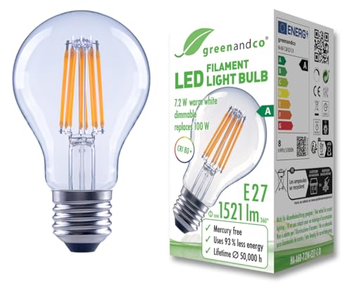 greenandco Glühfaden LED Lampe | klar | dimmbar | E27 A60 | 7,2W 1521lm | ersetzt 100W | 3000K warmweiß | 320° | 230V | flimmerfrei | Energieeffizienzklasse A greenandco Glühfaden LED Lampe | klar | dimmbar | E27 A60 | 7,2W 1521lm | ersetzt 100W | 3000K warmweiß | 320° | 230V | flimmerfrei | Energieeffizienzklasse A von greenandco