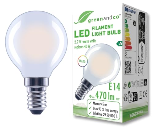 greenandco Glühfaden LED Lampe | matt | E14 G45 | 2,2W 470lm | ersetzt 40W | 2700K warmweiß | 320° | 230V | flimmerfrei | Energieeffizienzklasse A | nicht dimmbar greenandco Glühfaden LED Lampe | matt | E14 G45 | 2,2W 470lm | ersetzt 40W | 2700K warmweiß | 320° | 230V | flimmerfrei | Energieeffizienzklasse A | nicht dimmbar von greenandco