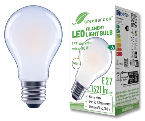 greenandco Glühfaden LED Lampe | matt | E27 A60 | 7,2W 1521lm | ersetzt 100W | 3000K warmweiß | 320° | 230V | flimmerfrei | Energieeffizienzklasse A | nicht dimmbar greenandco Glühfaden LED Lampe | matt | E27 A60 | 7,2W 1521lm | ersetzt 100W | 3000K warmweiß | 320° | 230V | flimmerfrei | Energieeffizienzklasse A | nicht dimmbar von greenandco
