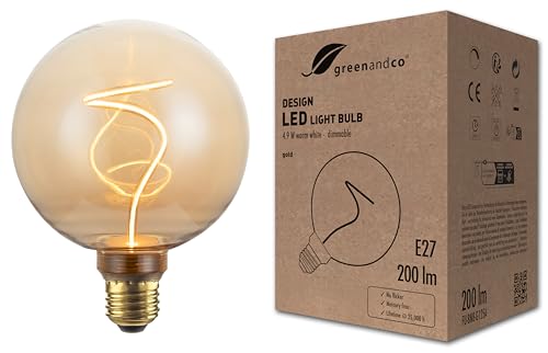 greenandco Vintage Design LED Lampe zur Stimmungsbeleuchtung | dimmbar | E27 G125 | 4,9W 200lm | gold | 1800K extra warmweiß | 320° | 230V | flimmerfrei von greenandco