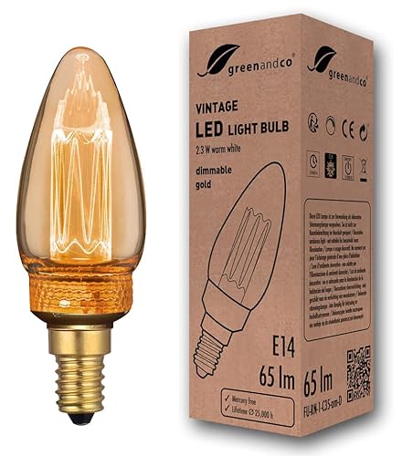 greenandco dimmbare Vintage Design LED Birne zur Stimmungsbeleuchtung | E14 C35 | gold | 2,3W 65lm | 1800K extra warmweiß | 320° | 230V | flimmerfrei | Edison Glühbirne von greenandco