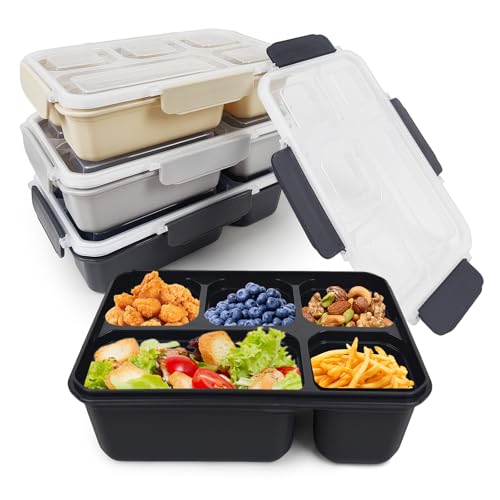 greenandlife 4 Stück Snackbox mit Fächern, 5 Fächer Bento Snackbox, Lunchbox für Kinder und Erwachsene, frühstücksbox, Jausenbox, Meal Prep Boxen, Brotbox für Schule, Arbeit und Reisen von greenandlife