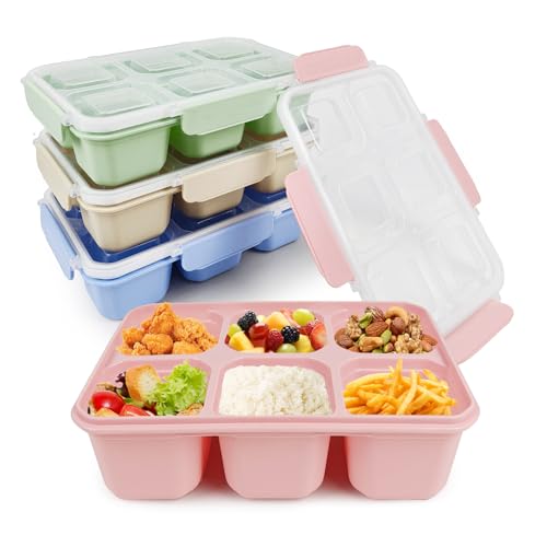 greenandlife 4 Stück Snackbox mit Fächern,6 Fächer Bento Snackbox, Lunchbox für Kinder und Erwachsene, frühstücksbox, Jausenbox, Meal Prep Boxen, Brotbox für Schule, Arbeit und Reisen von greenandlife
