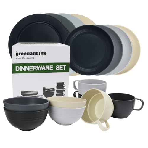 greenandlife Camping Geschirr Set mit 16 Stück, Wiederverwendbar und Unzerbrechliches, Kunststoff Geschirr Set für 4 Personen Picknick Tellerset, Schüsseln,Tassen, ideal für Kinder & Erwachsene von greenandlife