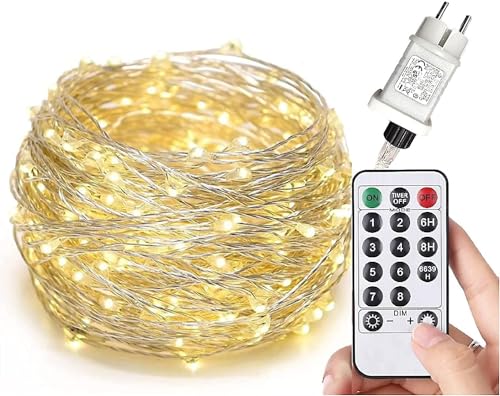 Gresonic 200/300er LED Mikro Silberdraht Lichterkette Strombetrieb Deko für Innen Außen Warmweiß (Warmweiß 8 Modi Timer Dimmbar, 300LED) von Gresonic