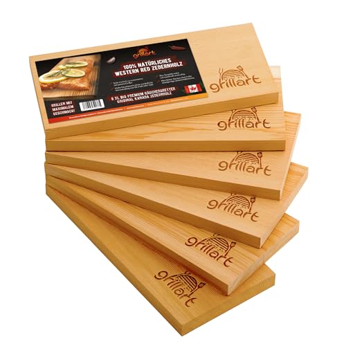 grillart® 6 Pack XL Grillbretter 2cm Dicke - Zedernholzbrett zum Grillen - Räucherbretter aus Zedernholz hergestellt aus 100% natürlichem Western Red Zedernholz für einen besonderen Grillgeschmack von grillart