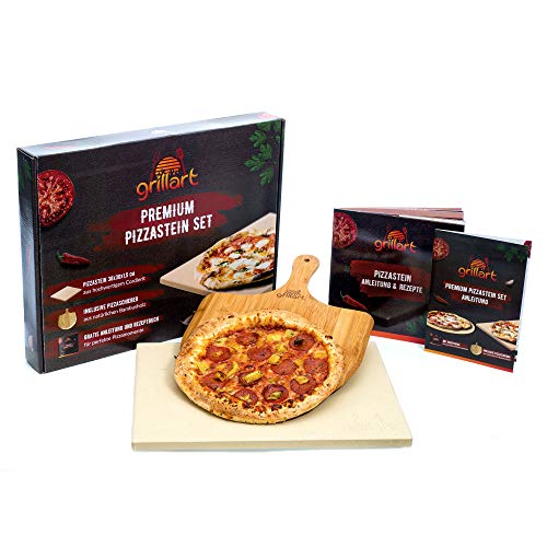 grillart® Premium Pizzastein für Gasgrill, Holzkohlegrill und Backofen im Set – Hochwertiger Pizzastein rechteckig inklusive Pizzaschieber und Rezeptbuch – auch optimal als Brotbackstein geeignet von grillart