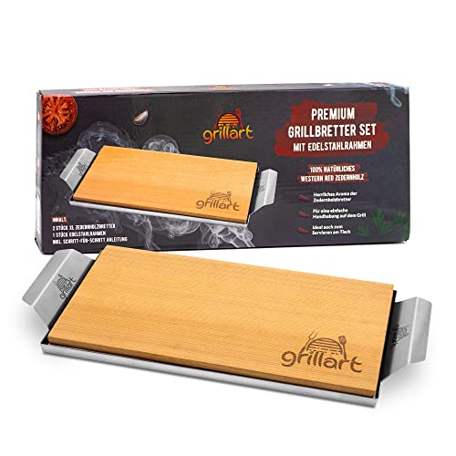 grillart® Premium Räucherbretter aus Zedernholz mit hochwertigem Edelstahlrahmen für eine einfache Handhabung und zum schönen Servieren am Tisch von grillart
