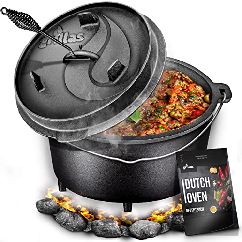 grillas Dutch Oven Set inkl. Rezeptideen | bereits eingebrannt - preseasoned | Feuertopf Gusseisen I Bräter mit Deckelheber und Henkel (Topf mit Füße, 4,2 Liter / 4,5 QT) von grillas