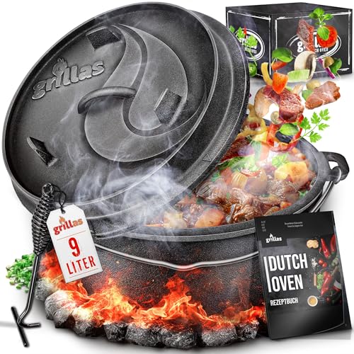 grillas Dutch Oven Set inkl. Rezeptideen | bereits eingebrannt - preseasoned | Feuertopf Gusseisen I Bräter mit Deckelheber und Henkel (Topf mit Füße, 9 Liter / 9 QT) von grillas