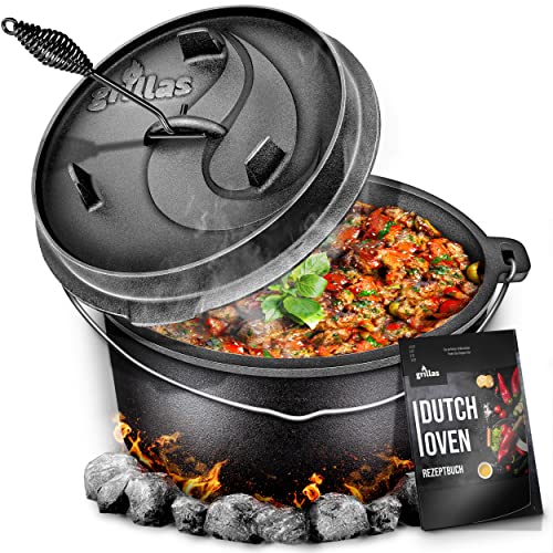 grillas Dutch Oven Set inkl. Rezeptideen | bereits eingebrannt - preseasoned | Feuertopf Gusseisen I Bräter mit Deckelheber und Henkel (Topf ohne Füße, 7,3 Liter / 6 QT) von grillas