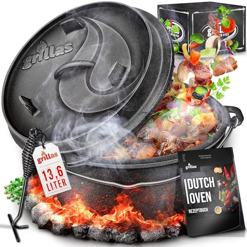 grillas Dutch Oven Set inkl. Rezeptideen | bereits eingebrannt - preseasoned | Feuertopf Gusseisen I Bräter mit Deckelheber und Henkel (Topf mit Füße, 13,6 Liter / 12 QT) von grillas