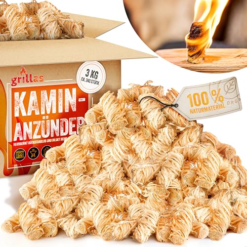 grillas Kaminanzünder 3 kg (ca. 240 Stück) Grillanzünder aus Bio Holzwolle & Wachs | Anzünder Kohleanzünder Ökologisch | Wachsanzünder Umweltfreundlich | Anzündwolle Ofenanzünder Lange Brenndauer von grillas
