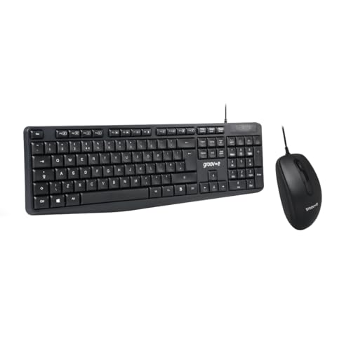 Groov-e Kabelgebundene Tastatur und Maus in voller Größe, Computerzubehör für Laptops und PCs, ergonomisches Design, leise Tasten, USB-Anschluss, kompakte Maus, QWERTY-Tastatur, Schwarz von groov e