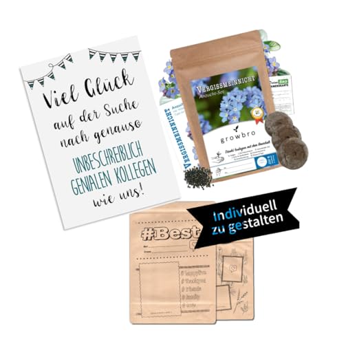 Personalisiertes Abschiedsgeschenk für Kollegen: 3-in-1 Set mit Karte, Vergissmeinnicht Anzuchtset & DIY-Verpackung - Originelles Geschenkset zum Abschied von growbro