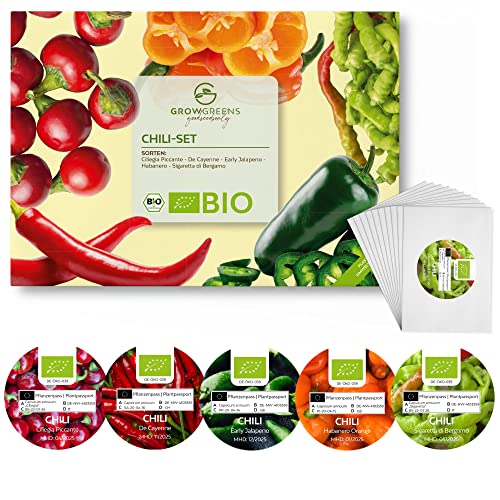 BIO Chili Samen 5er Set - Chili Saatgut aus biologischem Anbau ideal für die Anzucht im Garten, Balkon oder Terrasse von growgreens