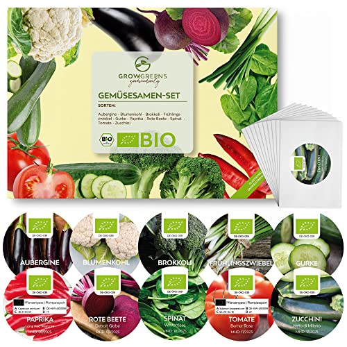 BIO Gemüsesamen Set mit 10 Sorten - Gemüse Samen Anzuchtset aus biologischem Anbau ideal für Terrasse, Balkon & Garten von growgreens