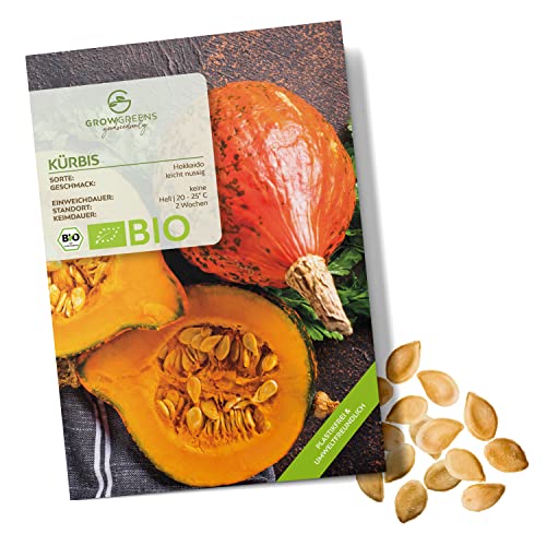 BIO Kürbis Samen (Hokkaido, 5 Korn) - Kürbis Saatgut aus biologischem Anbau ideal für die Anzucht im Garten, Balkon oder Terrasse von growgreens