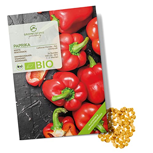 BIO Paprika Samen (California Wonder, 10 Korn) - Rote Paprika Saatgut aus biologischem Anbau ideal für die Anzucht im Garten, Balkon oder Terrasse von growgreens