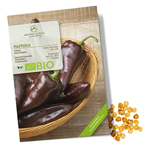 BIO Paprika Samen (Sweet Chocolate, 10 Korn) - Paprika Saatgut aus biologischem Anbau ideal für die Anzucht im Garten, Balkon oder Terrasse von growgreens