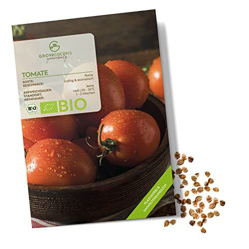BIO Tomatensamen (Roma, 10 Korn) - Tomaten Saatgut aus biologischem Anbau ideal für die Anzucht im Garten, Balkon oder Terrasse von growgreens