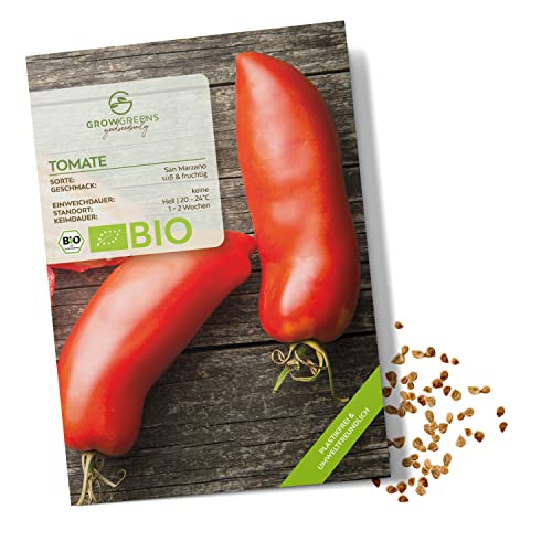 BIO Tomatensamen (San Marzano, 10 Korn) - Tomaten Saatgut aus biologischem Anbau ideal für die Anzucht im Garten, Balkon oder Terrasse von growgreens