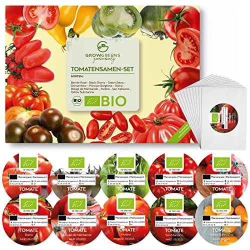 BIO Tomatensamen Set mit 10 Sorten - Tomaten Samen Anzuchtset aus biologischem Anbau ideal für Terrasse, Balkon & Garten von growgreens