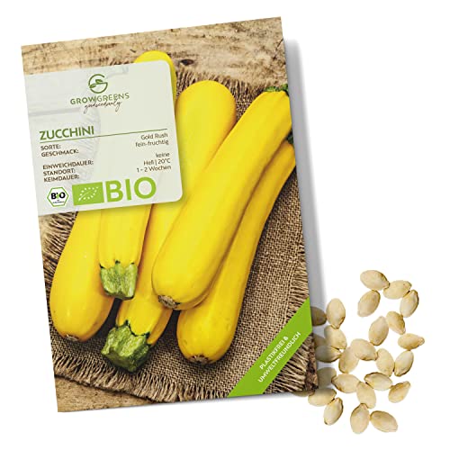 BIO Zucchini Samen Gelb (Gold Rush, 5 Korn) - Zucchini Saatgut aus biologischem Anbau ideal für die Anzucht im Garten, Balkon oder Terrasse von growgreens