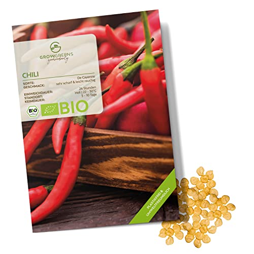 BIO Chili Samen (De Cayenne, 50.000 Scoville) - Chili Saatgut aus biologischem Anbau ideal für die Anzucht im Garten, Balkon oder Terrasse (10 Korn) von growgreens