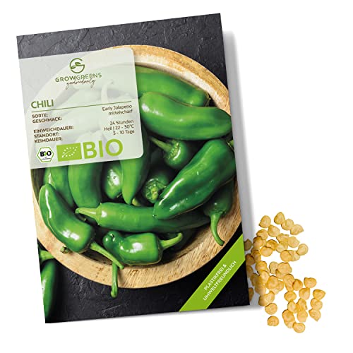 BIO Chili Samen (Early Jalapeno, 5.000 Scoville) - Chili Saatgut aus biologischem Anbau ideal für die Anzucht im Garten, Balkon oder Terrasse (10 Korn) von growgreens