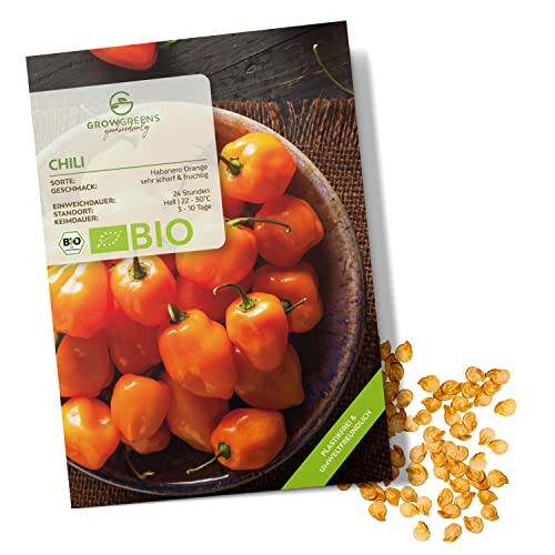 BIO Chili Samen (Habanero Orange, 250.000 Scoville) - Chili Saatgut aus biologischem Anbau ideal für die Anzucht im Garten, Balkon oder Terrasse (10 Korn) von growgreens