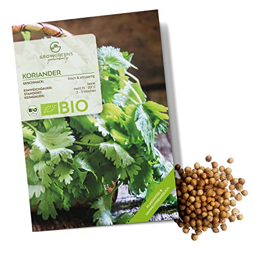 BIO Koriandersamen - Küchenkräuter Saatgut aus biologischem Anbau ideal für den heimischen Kräutergarten, Balkon & Garten (35 Korn) von growgreens