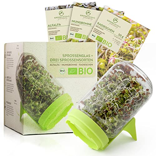 Sprossenglas Keimglas Set mit 3 Bio Sprossen Samen - Microgreens Anzuchtset für knackige Keimsprossen (Alfalfa, Mungbohne, Radieschen) von growgreens