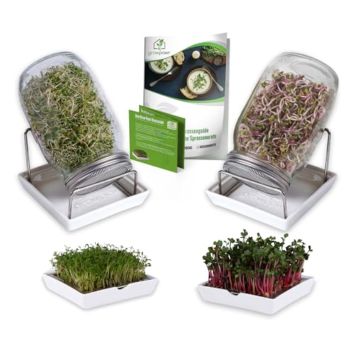 GROWPOWR® 𝟐𝐱 Kresse Anzuschalen mit Kressesieb + 𝟐𝐱 950ml Keimglas mit Keramikschale | Das einzige Anzuchtset mit Sprossen & Kresse Guide | Sprossen Keimschalen Set von growpowr