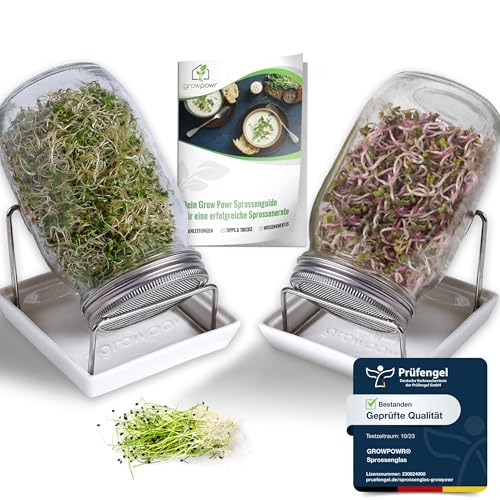 growpowr® → 2X 950ml Bio Sprossengläser mit Keramikschale und Safe Coating Beschichtung für mühelose Reinigung - inkl. Sprossenguide | Das Keimgläser Set zum Sprossen selber ziehen von growpowr